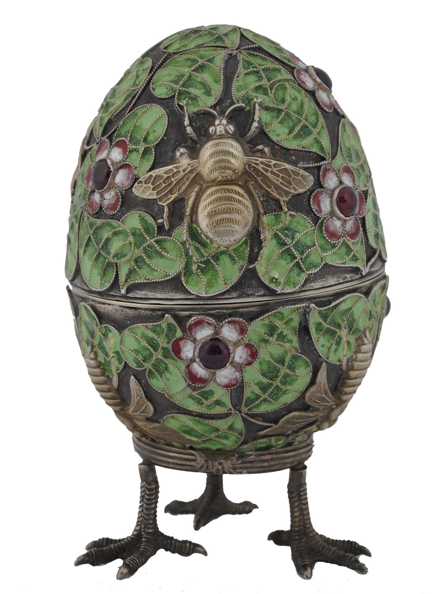 RUSSIAN BEES GILT SILVER ENAMEL EGG BOX W STAND PIC-0